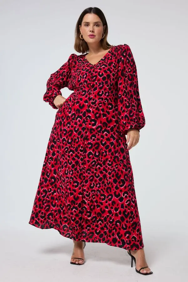 Red with Pink and Black Pop Leopard Blouson Sleeve Midi Tea Dress