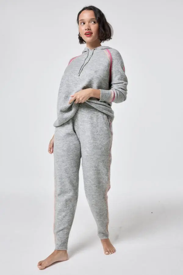 Grey with Peach and Pink Stripe Knitted Lounge Wear Joggers