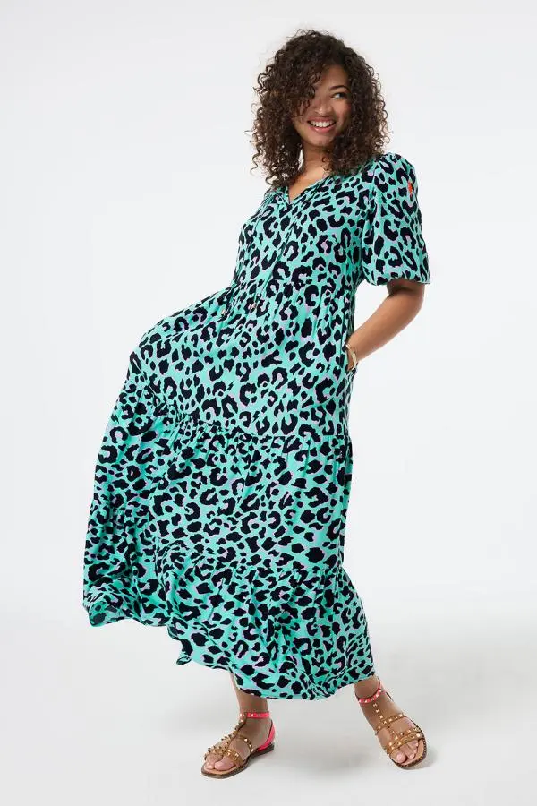 Green with Purple and Black Shadow Leopard Tie Front Maxi Dress