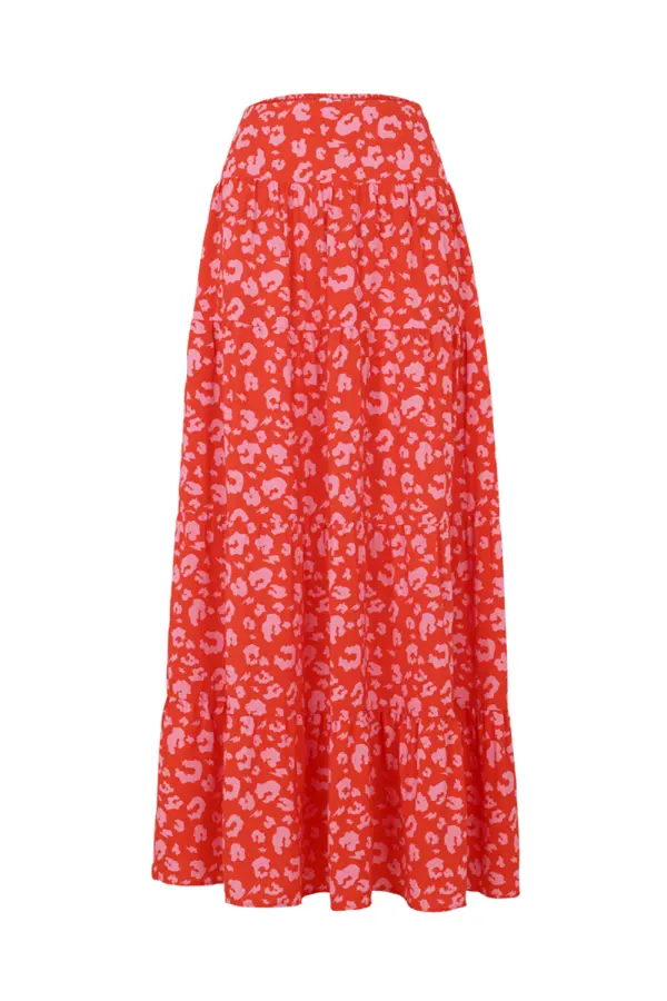 Red with Pink Leopard Maxi Skirt