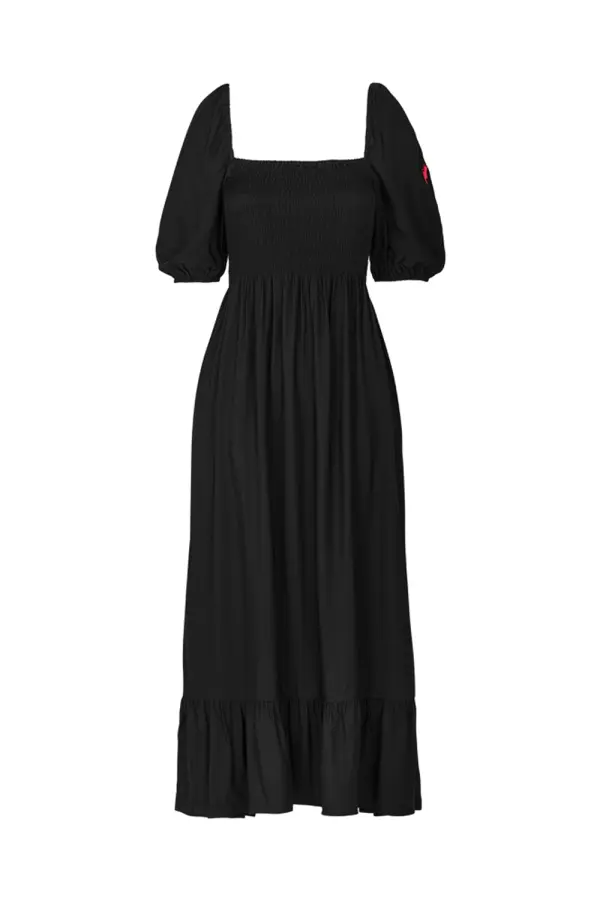 Black Shirred Midi Dress