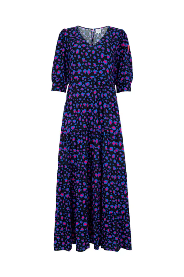 Black with Electric Blue and Pink Snow Leopard Maxi Dress