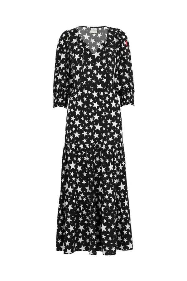 Black with White Star Tie Front Maxi Dress