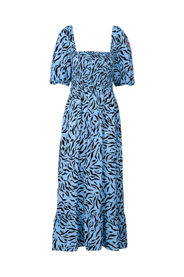 Pale Blue with Black Zebra Shirred Midi Dress