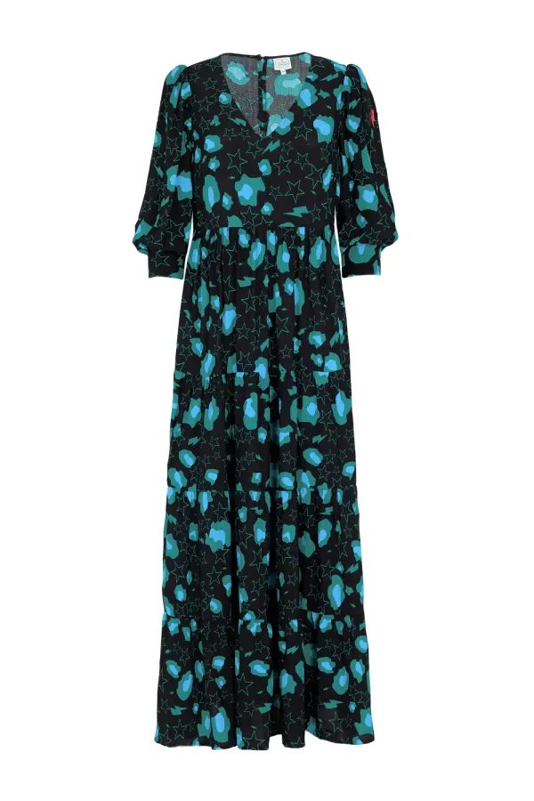 Black with Teal Snow Leopard & Star Maxi Dress