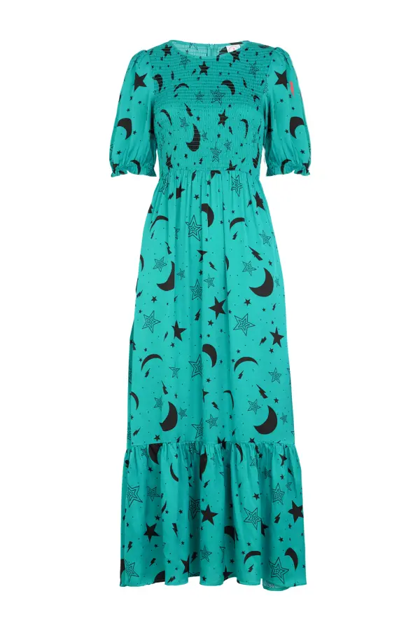 Teal with Black Moon Star and Lightning Bolt Maxi Dress