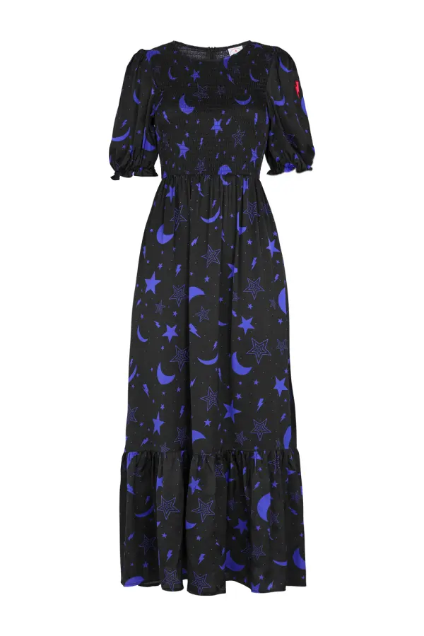 Black with Blue Moon Star and Lightning Bolt Maxi Dress