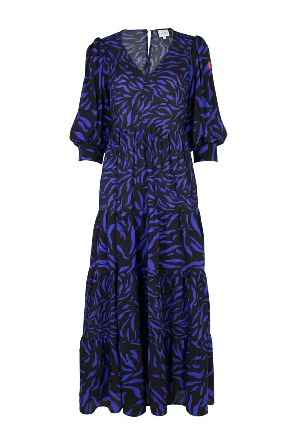 Black with Blue Zebra Print Tiered Maxi Dress