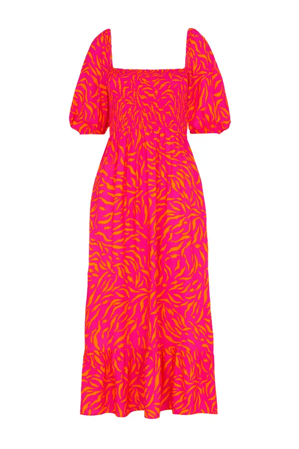 Pink with Orange Zebra Shirred Midi Dress