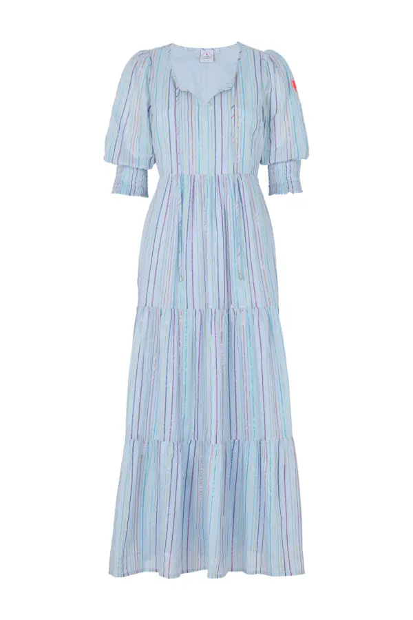 Pale Blue with Rainbow Lurex Tie Front Maxi Dress