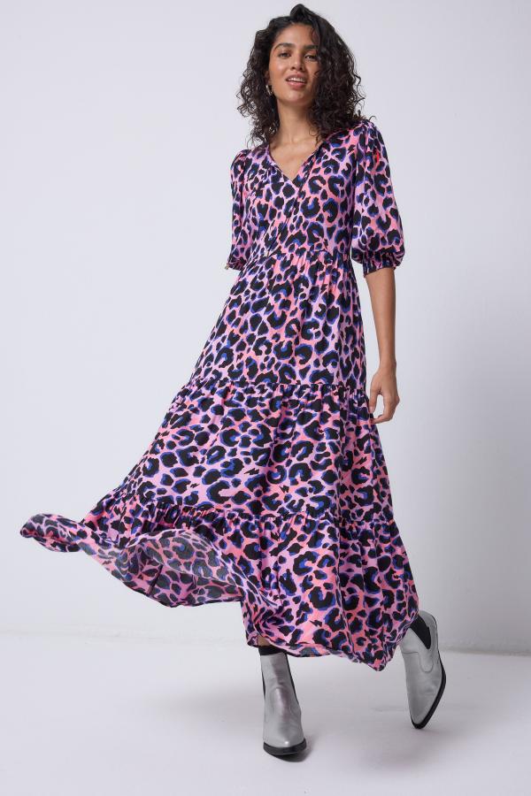 Pink with Blue and Black Shadow Leopard Tie Front Maxi Dress