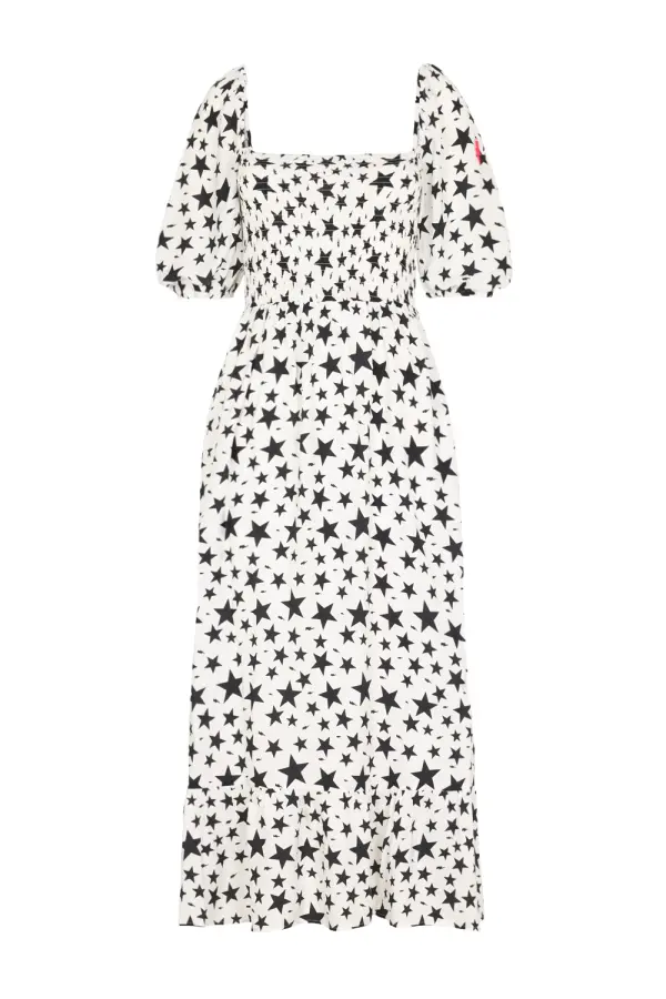 Ivory with Black Star Shirred Midi Dress