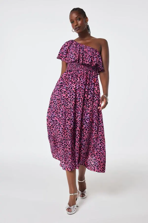 Pink With Lilac And Black Layered Leopard One Shoulder Tiered Textured Midi Dress