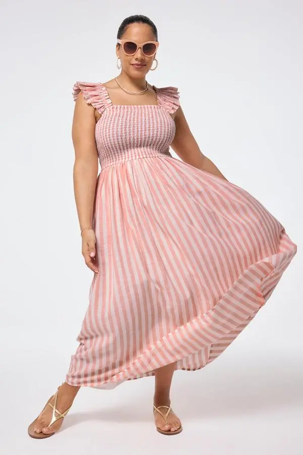 Coral with White Stripe Maxi Sundress