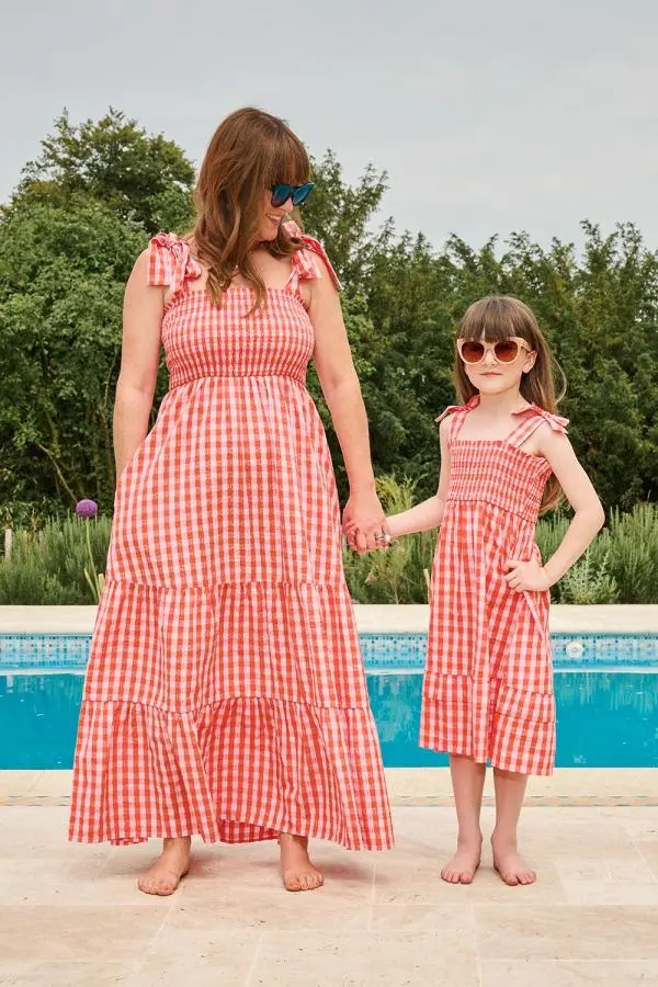 Orange with Pale Pink Gingham Tie Shoulder Sundress