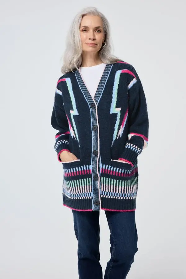 Navy with Rainbow Statement Bolt Longline Cardigan