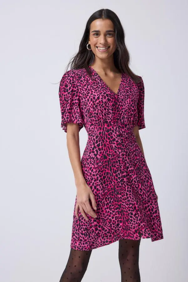 Pink with Black Leopard Angel Sleeve Short Tea Dress