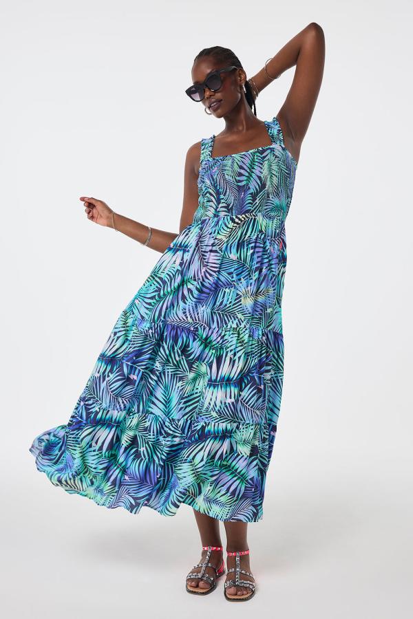 Blue Palm Print Maxi Sundress