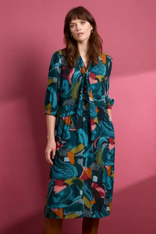 Harbour Cove Printed Tie Neck Midi Dress