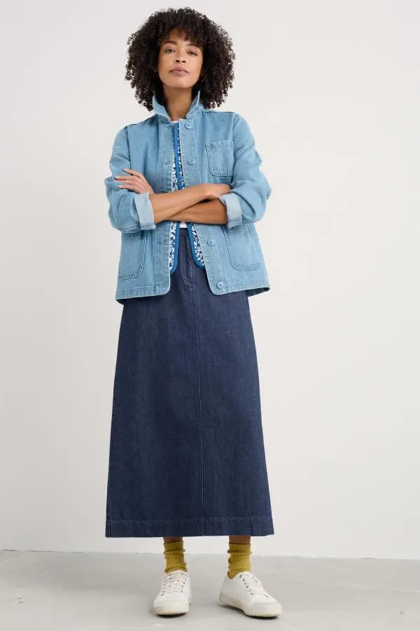 Fruit Tree Midi Denim Skirt