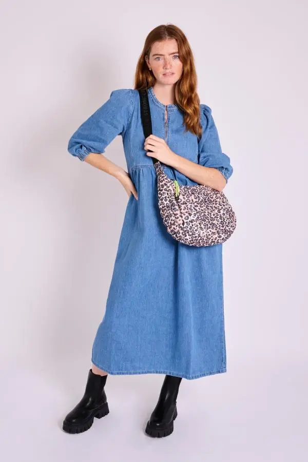 Zelda Zip Up Frill Collar Denim Midi Dress