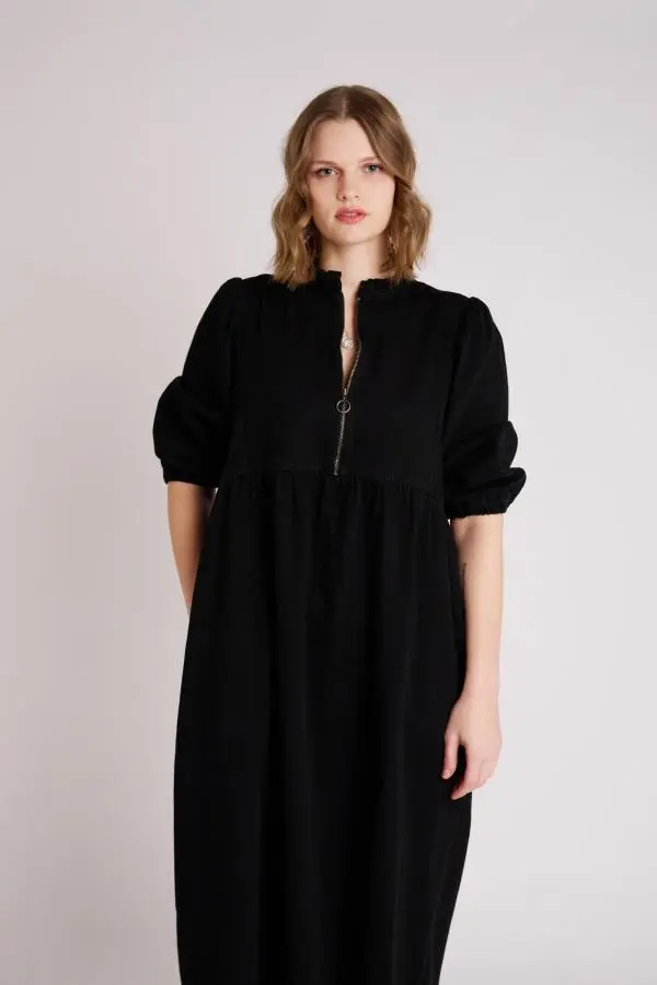 Zelda Zip Up Frill Collar Black Denim Midi Dress