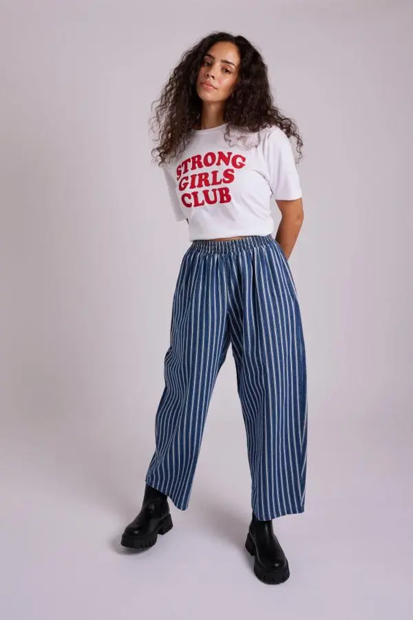 Ottie Denim Stripe Relaxed Trousers - Mid Wash