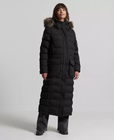 Ladies Coat Superdry Size 16 Microfibre Quilted Black Longline Duvet  Rrp£129