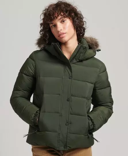 Women's Faux Fur Hooded Mid Length Puffer Jacket in Enamel Green