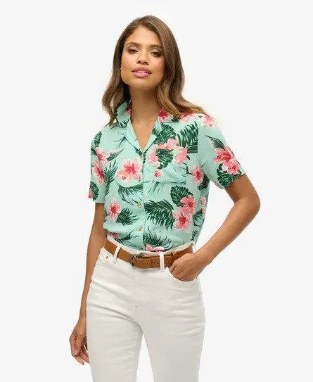 Superdry Women's Classic Beach Resort Shirt, Green and Pink, 