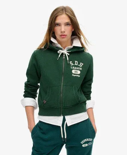 Superdry Women's Embroidered Athletic Essentials Relaxed Crop Zip-Hoodie, Green, 