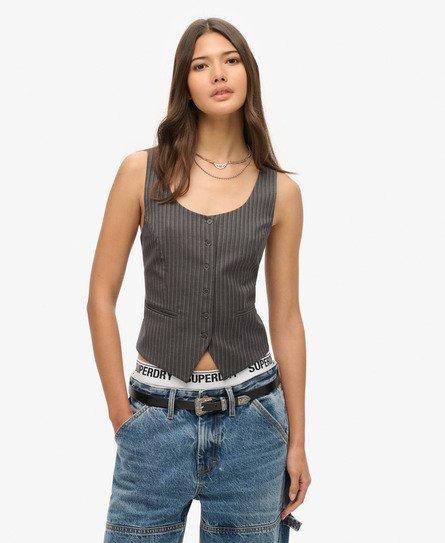 Superdry Women's Pinstripe Satin Back Waistcoat, Grey, 