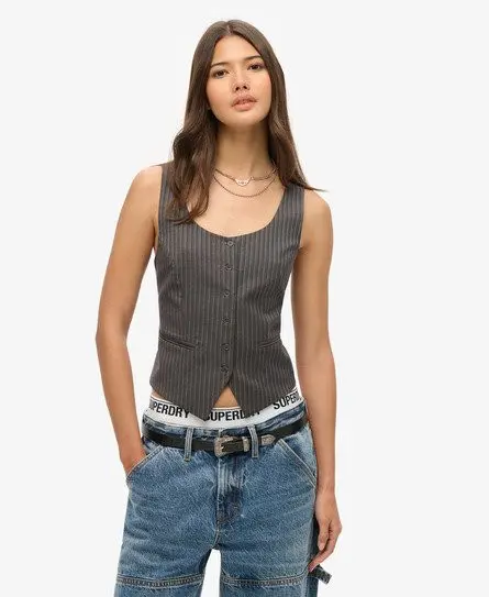 Superdry Women's Satin Back Waistcoat Grey / Charcoal Pinstripe - 