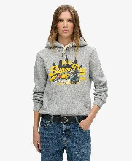 Superdry Women's New York Vintage Logo Graphic Relaxed Fit Hoodie, Grey, 