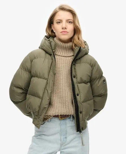 Superdry Women's Hooded Sports Puffer Bomber Jacket Green / Dusty Olive Green -