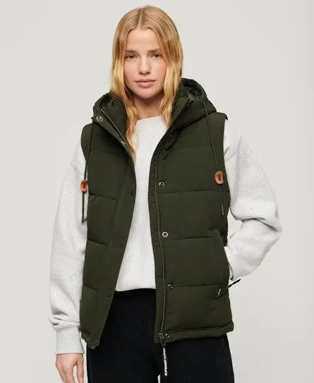 Superdry Women's Everest Hooded Puffer Gilet Green / Abyss Khaki -