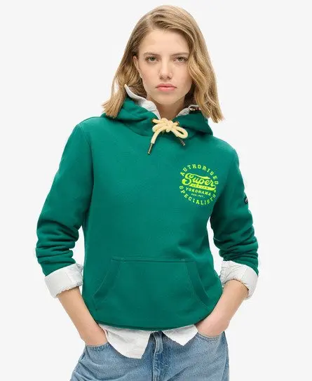 Superdry Women's Neon Embroidered Graphic Hoodie Green / Storm Green -