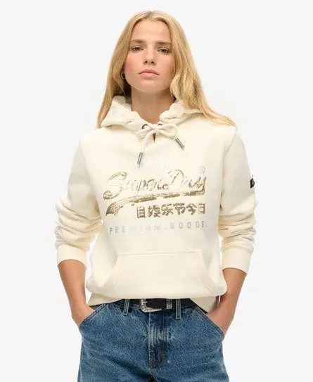 Superdry Women's Embellished Vintage Logo Graphic Hoodie Cream -