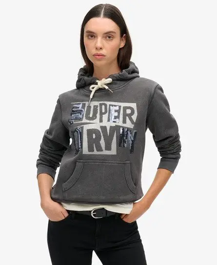 Superdry Women's Embellished Punk Graphic Hoodie Black / Blackboard -