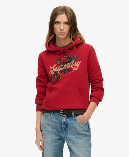 Superdry Women's Tattoo Script Graphic Hoodie Red / Red Dahlia -