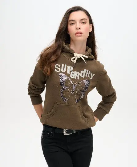 Superdry Women's Embellished Punk Graphic Hoodie Khaki / Deep Khaki Green -