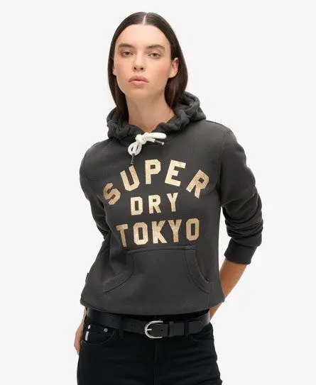 Superdry Women's Glitter Graphic Logo Hoodie Black / Washed Black -