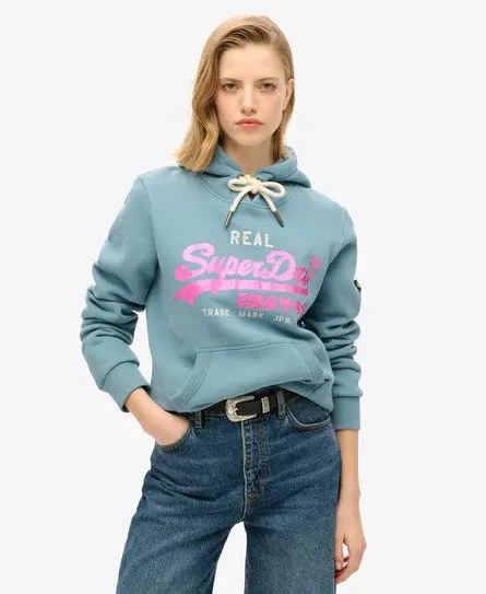 Superdry Women's Embellished Vintage Logo Graphic Hoodie Blue / Aegean Blue -