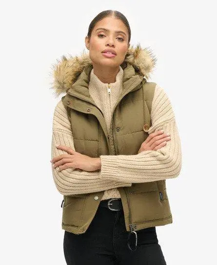 Superdry Women's Quilted Everest Faux Fur Puffer Gilet, Green, 