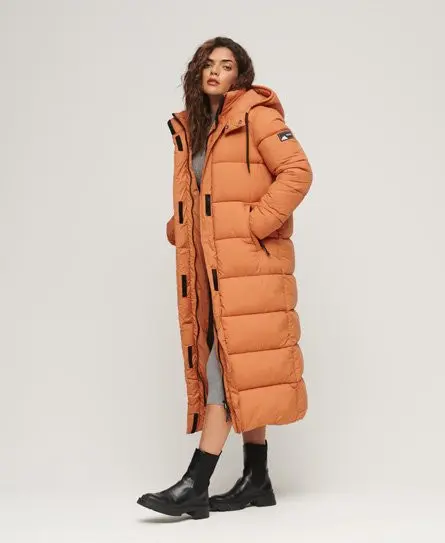 Superdry Women's Ripstop Longline Puffer Coat Orange / Caramel Grid -