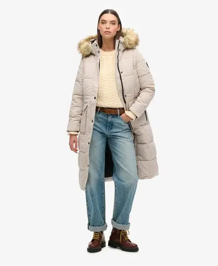 Superdry Women's Everest Longline Puffer Coat Beige / Chateau Gray -