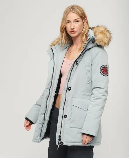 Superdry Women's Everest Faux Fur Hooded Parka Coat Light Blue / Skylark Grey -