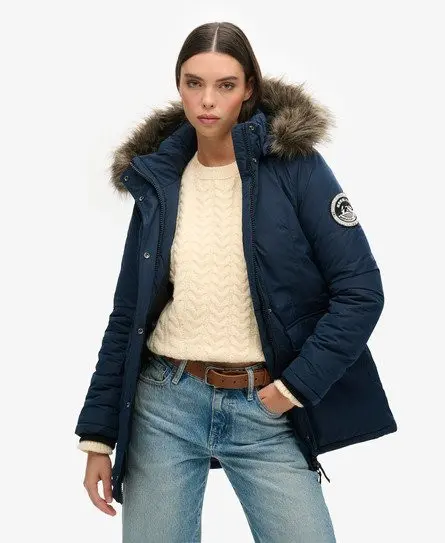 Superdry Women's Classic Quilted Ashley Everest Parka Coat, Navy Blue,