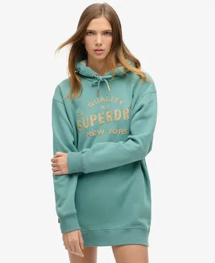 Superdry Women's Luxe Metallic Logo Hooded Dress Green / Oil Blue Green - 