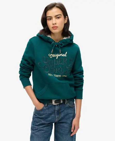 Superdry Women's Luxe Metallic Logo Hoodie Green / Deep Teal -